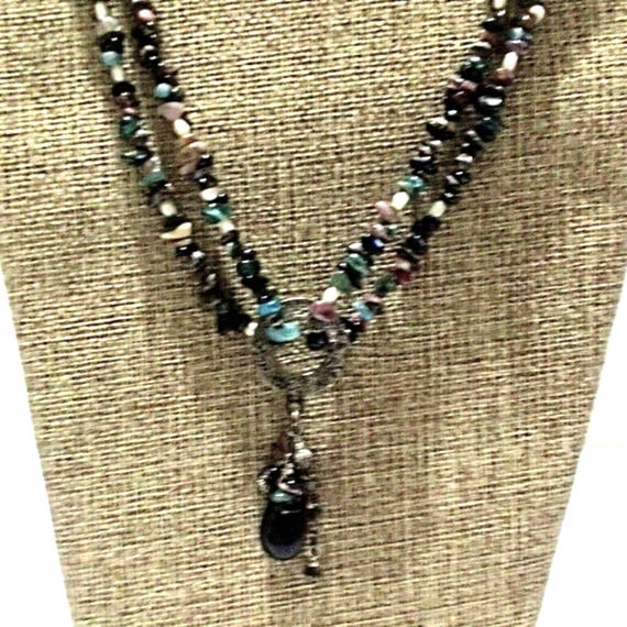 Boho Multi Gemstone Chip Double Strand Necklace w… - image 1