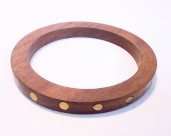 Vintage Brass Studded Wood Bangle Bracelet