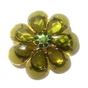 Gold Tone Green Enamel and Rhinestone Flower Brooch Pin