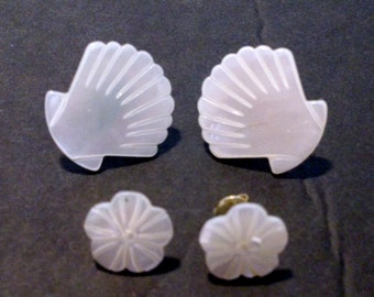 Two Pair of White Mother of Pearl Carved Stud Earrings Shell and Flower