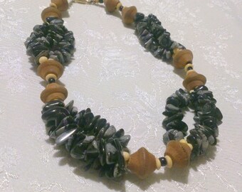 Ethnic Inspired Snowflake Obsidian and Wood Bead Necklace