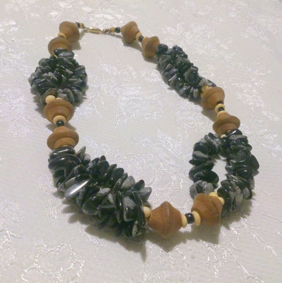 Ethnic Inspired Snowflake Obsidian and Wood Bead … - image 1