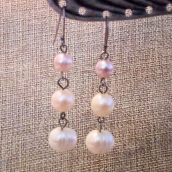 Vintage Sterling Silver Freshwater Pearl Triple Drop Earrings