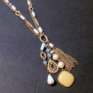 Vintage Gold Tone White Bead Charm Tassel Necklace