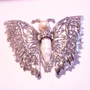 Vintage Silver Tone Rhinestone Faux Pearl Accented Butterfly Statement Brooch