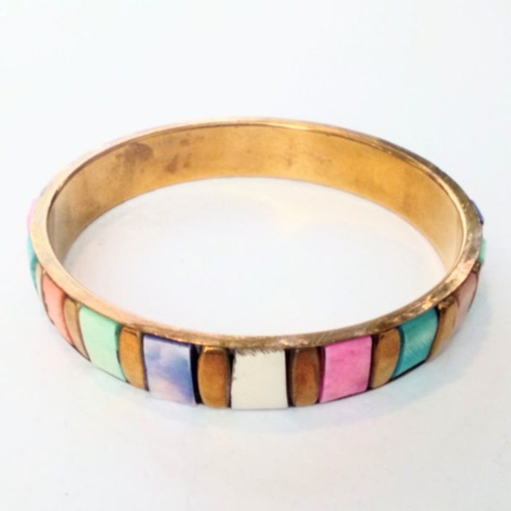 Vintage Multi Color Dyed Inlaid Shell Brass Bangl… - image 1