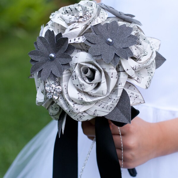 SALE!!!  READY to SHIP - Sheet music, silver sparkly gray black and white paper bridal bouquet