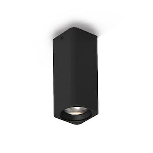 Può includere: Una plafoniera rettangolare nero opaco con una singola apertura circolare rivolta verso il basso. L'alloggiamento presenta un design geometrico pulito con una finitura liscia e una vite visibile sul lato superiore del corpo verticale.