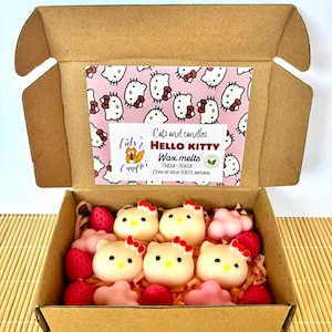 Puede incluir: Una caja de cartón marrón que contiene cinco ceras aromáticas con forma de Hello Kitty, ceras con forma de nube rosa y ceras con forma de fresa roja. La tapa tiene una etiqueta con el texto Cats and candles Hello Kitty Wax melts Fresa-Nata.