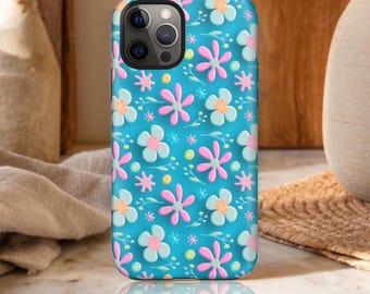 Retro Pink Blue Daisies phone case | Tough Case | Summer Floral design | iPhone 17 16 15 14 13 12, Google Pixel, Samsung Case