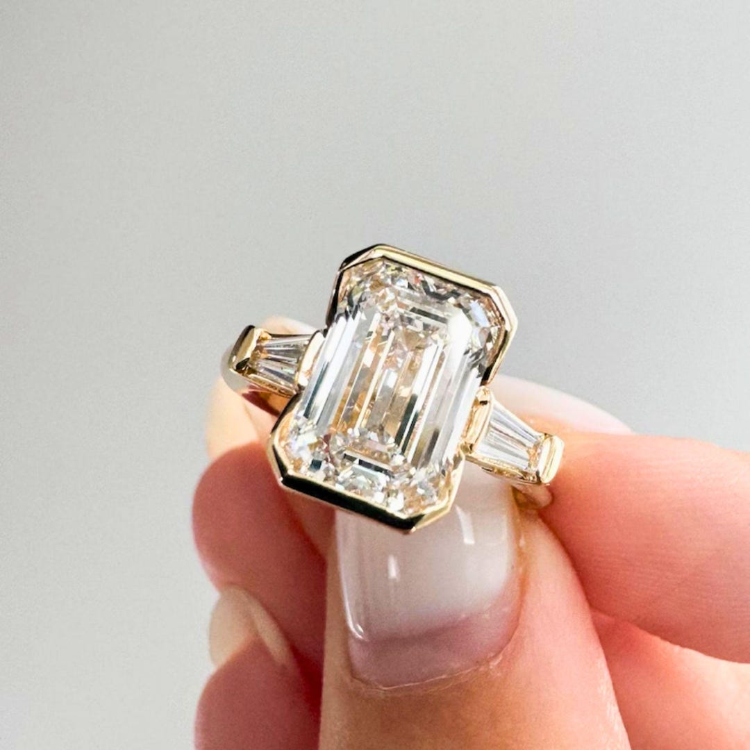 Emerald Cut Simulated Diamond Trilogy Statement Ring Half Bezel Three ...