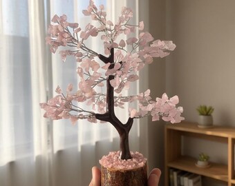 Árvore de Cristal de Quartzo Rosa Feita à Mão – Decoração Bonsai com Pedras Preciosas