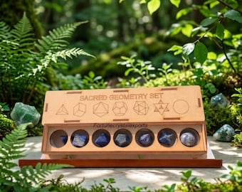 Sacred Geometry Crystal Set – Platonic Solids, Meditation, Spiritual Decor, Wooden Box
