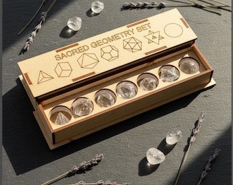 Sacred Geometry Crystal Set – Clear Quartz Platonic Solids in Engraved Wooden Box – Meditation Gift