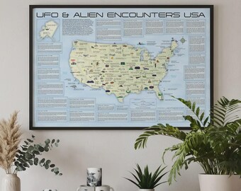 UFO Sightings Map USA | 100+ Illustrated Alien Encounters, Giclée Art Print (36x24in)