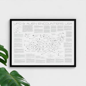 Pode incluir: Um mapa emoldurado intitulado "UFO & Alien Encounters USA" com uma moldura preta. O mapa retrata os Estados Unidos com inúmeros pequenos ícones e caixas de texto. O mapa é em preto e branco, com o texto em uma fonte sans-serif.