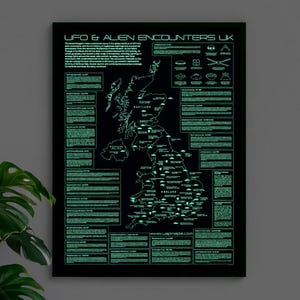 Mapa de Encontros com OVNIs e Alienígenas no Reino Unido - Pôster que Brilha no Escuro