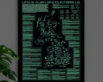 UK UFO & Alien Encounters Map - Glow in the Dark Poster
