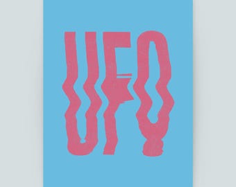 UFO Retro Schriftzug Kunstdruck | Giclée Druck auf 200g Matte Papier