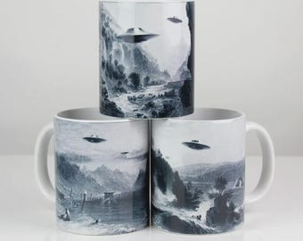 UFO Kunsttassen-Set - 3 Designs | Alien & UFO Kunstwerk Sammeltassen | Geschenk für UFO-Liebhaber