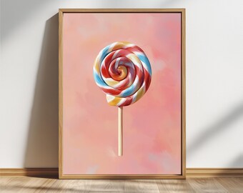 Puede incluir: Impresión enmarcada de una piruleta colorida con un diseño en espiral. La piruleta tiene rayas rojas, azules, amarillas y blancas. El fondo es rosa suave con texturas de pinceladas. La piruleta está sobre un palo de madera.