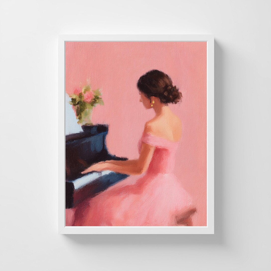 Woman Playing Piano in Pink Dress, Dreamy Bedroom Wall Art (digital ...