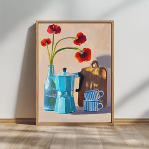 Retro kaffekanna kökstryck: Italiensk mokakanna stilleben (digital nedladdning)