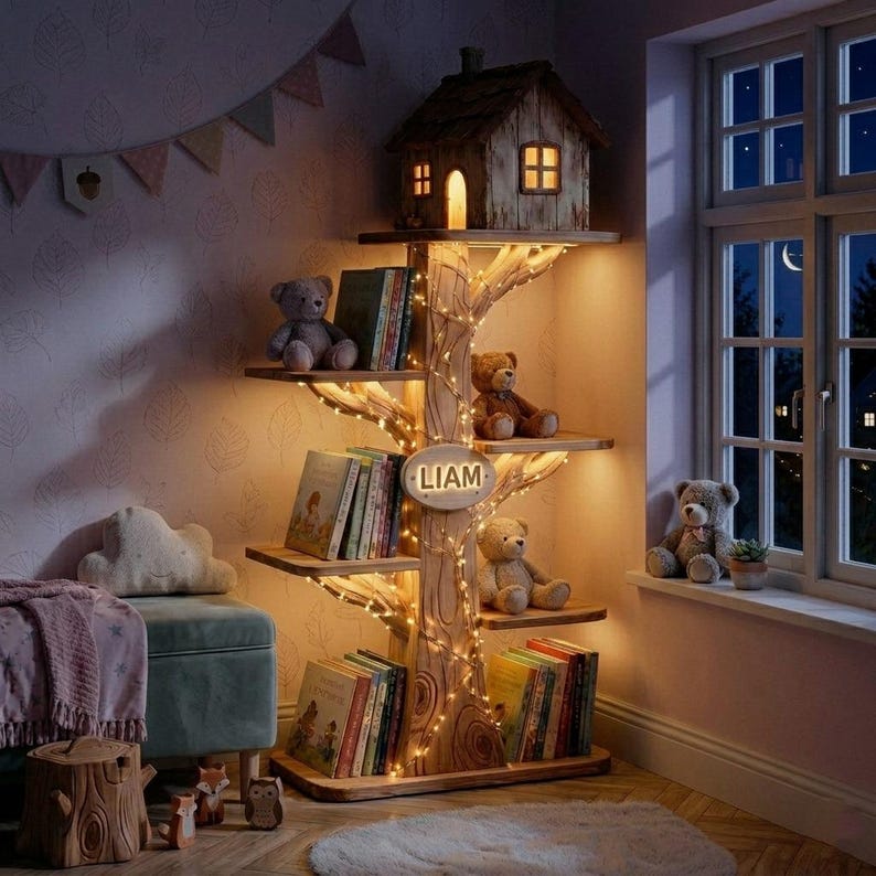 Puede incluir: Una estanter&iacute;a de madera con forma de &aacute;rbol, con estantes que exhiben libros y osos de peluche. Una peque&ntilde;a casa iluminada se encuentra en la parte superior. El nombre "LIAM" est&aacute; visible. El &aacute;rbol est&aacute; adornado con luces de hadas.