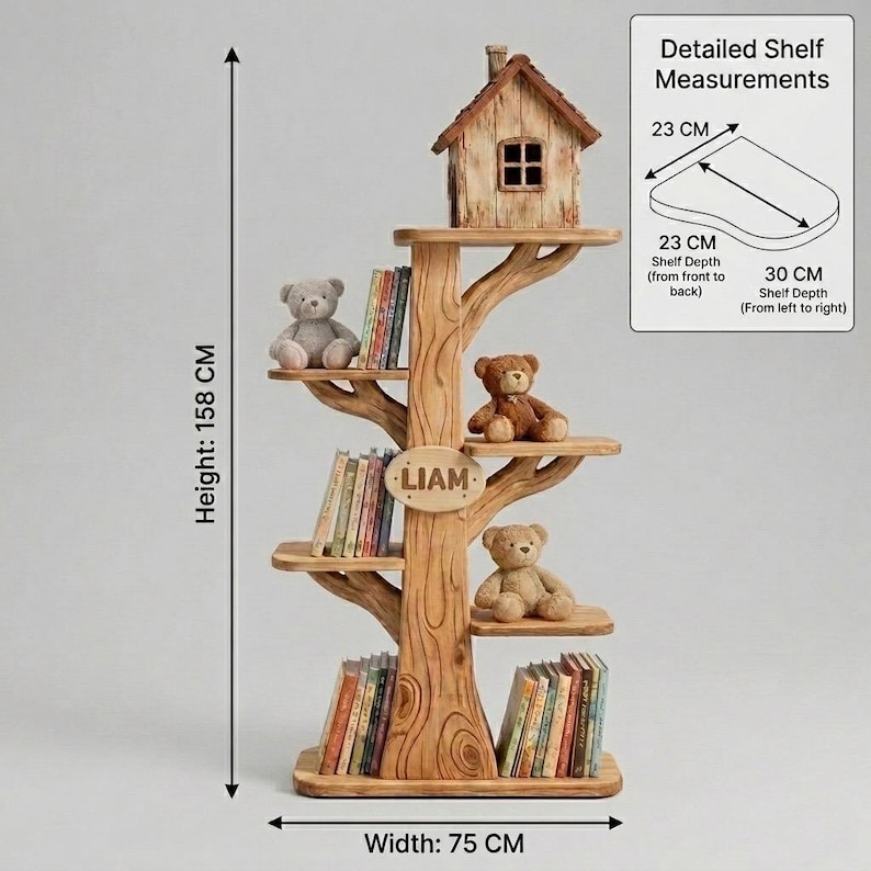 Puede incluir: Una estanter&iacute;a de madera con forma de &aacute;rbol con una peque&ntilde;a casa en la parte superior. Tiene varios estantes con libros y ositos de peluche. La estanter&iacute;a mide 158 cm de alto y 75 cm de ancho. Los estantes tienen 23 cm de profundidad y 30 cm de ancho.