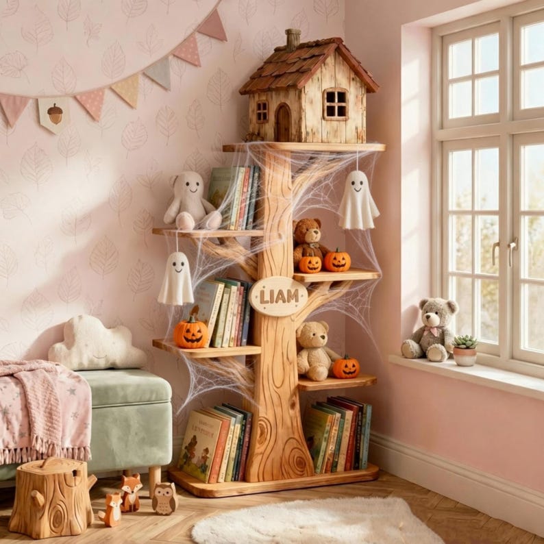 Puede incluir: Una estanter&iacute;a de madera con forma de &aacute;rbol con m&uacute;ltiples estantes, decorada con art&iacute;culos tem&aacute;ticos de Halloween. Los estantes contienen libros, osos de peluche y calabazas talladas. La estanter&iacute;a tiene una peque&ntilde;a casa encima y el nombre "LIAM".