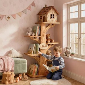 Puede incluir: Una estanter&iacute;a de madera con forma de &aacute;rbol con una casa en miniatura en la parte superior y el nombre "Liam" en una placa. Las estanter&iacute;as contienen libros y osos de peluche. Un ni&ntilde;o lee un libro frente a la estanter&iacute;a.