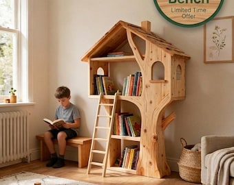 Treehouse Bookshelf with Reading Bench | Kids Reading Nook | Wooden Tree Bookcase | Montessori Nursery Furniture