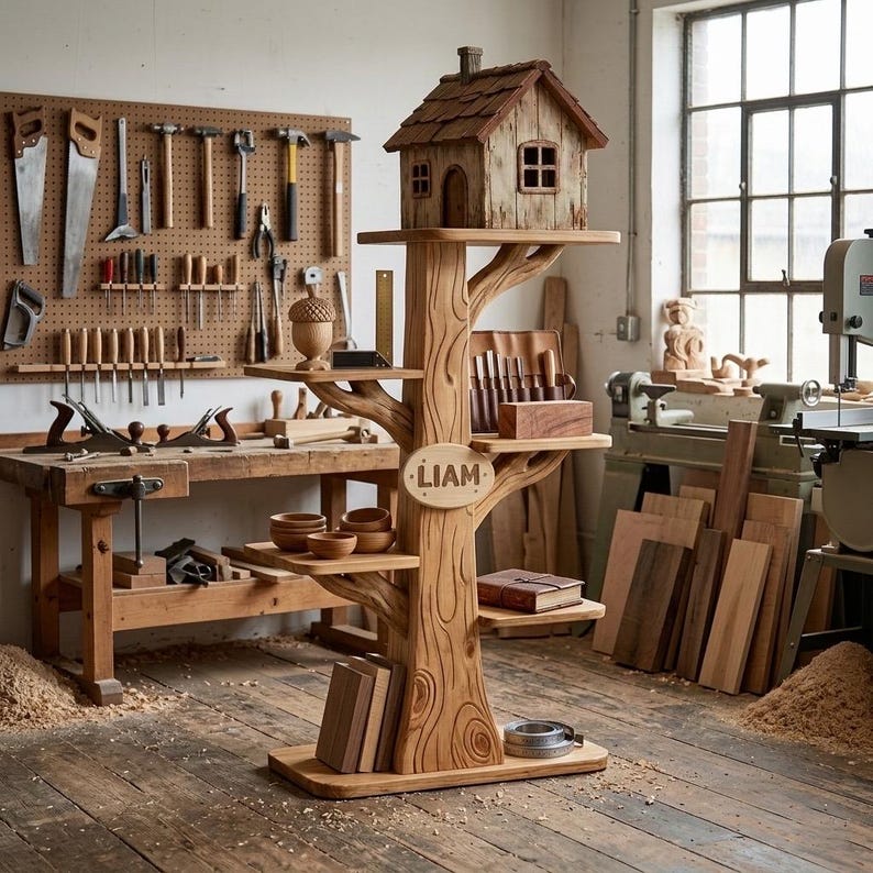 Puede incluir: Estanter&iacute;a de madera con forma de &aacute;rbol con m&uacute;ltiples estantes y una peque&ntilde;a casa en la parte superior. La unidad tiene un acabado de madera natural y est&aacute; llena de libros, cuencos y otros objetos decorativos. El nombre "LIAM" est&aacute; tallado en el lateral.