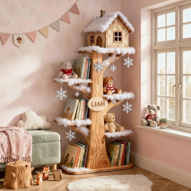 Puede incluir: Una estanter&iacute;a de madera con forma de &aacute;rbol con una casa en la parte superior, decorada con nieve artificial y adornos de copos de nieve. La estanter&iacute;a contiene libros y osos de peluche, creando un ambiente acogedor de cuento de hadas. El nombre "LIAM" est&aacute; en el &aacute;rbol.