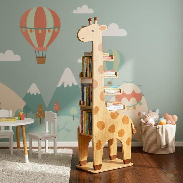 Estantería infantil Jirafa | Delicada librería infantil hecha a mano para guardería y sala de juegos