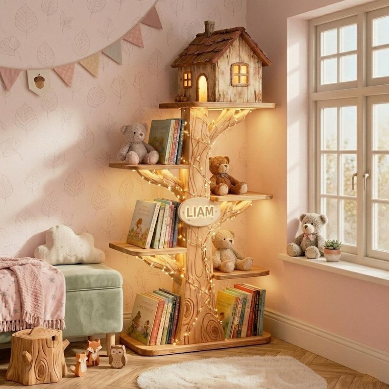 Puede incluir: Una estanter&iacute;a de madera con forma de &aacute;rbol con m&uacute;ltiples estantes, que contiene libros y osos de peluche. Una peque&ntilde;a casa se encuentra en la parte superior de la estanter&iacute;a, y el nombre "LIAM" se muestra en una placa de madera. La estanter&iacute;a est&aacute; iluminada con luces de hadas.