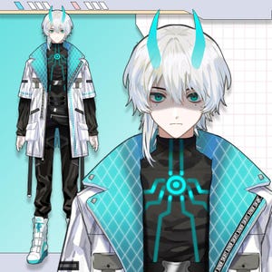 May include: Anime-style character illustration. The character has white hair, teal eyes, and teal horns. They wear a black and teal futuristic outfit, including a jacket with a teal diamond pattern and white accents. The character is wearing black trousers and teal boots.