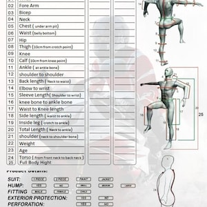 Może przedstawiać: Informacyjna tabela szczeg&oacute;łowo opisująca pomiary ciała w centymetrach, z diagramami ludzkiej figury ilustrującymi punkty pomiaru. Zawiera sekcje dotyczące szczeg&oacute;ł&oacute;w garnituru, dopasowania i opcji ochrony zewnętrznej.