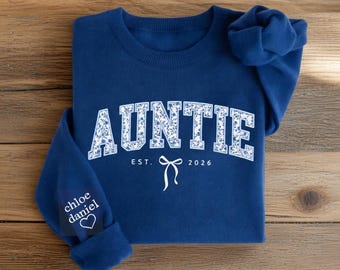Custom Auntie Embroidered Sweater with Kids Names on Sleeve, Liberty Floral Knit Auntie Est 2026, Personalized Aunt Gift, New Auntie Reveal