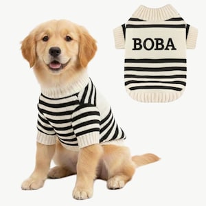 Custom Knit Dog Sweater with Name, Personalized Pet Sweater with Embroidered or Knitting Name Option, Striped Sweater Dog Design