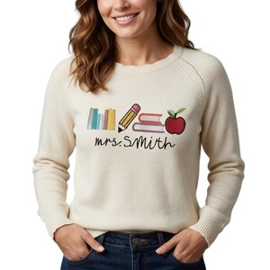 Custom Teacher Knit Sweater, Colorful Pencil Embroidered Pullover, Custom Teacher Name Sweater, Appreciation Gift Educator
