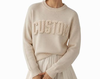 Pull ras du cou confortable avec texte en tricot personnalisé, sweat CUSTOM, pull CUSTOM, pulls jacquard doux, cadeau pour lui, cadeau pour elle