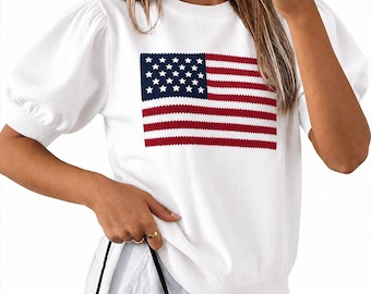 Puff Sleeve American Flag Sweater, Patriotic USA Knit Top for Women, Elegant 4th of July Outfit, Star and Stripes Short Sleeve Jumper