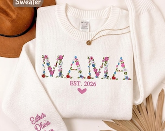 Pull maman floral personnalisé, sweat brodé maman personnalisé, col rond maman personnalisé, cadeau pour maman, cadeaux pour la fête des mères, cadeaux pour maman