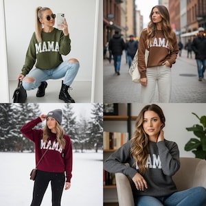 May include: A collection of four long-sleeved crewneck sweatshirts in olive green, brown, burgundy, and charcoal gray. Each sweatshirt features the word MAMA printed in white block lettering across the chest, with ribbed cuffs and a standard fit.