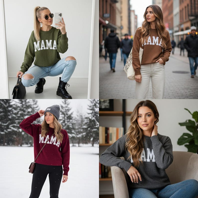 May include: A collection of four long-sleeved crewneck sweatshirts in olive green, brown, burgundy, and charcoal gray. Each sweatshirt features the word MAMA printed in white block lettering across the chest, with ribbed cuffs and a standard fit.