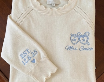 Personalized Bride Sweater, Embroidered Future Mrs. Sweatshirt, Custom Bride to Be Crewneck, Engagement Gift, Last Name Bride Scallop Shirt