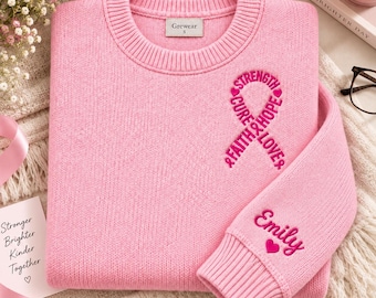 Custom Breast Cancer Awareness Embroidered Sweater, Personalized Pink Ribbon Knit Jumper, Survivor Gift, Sleeve Name Embroidery