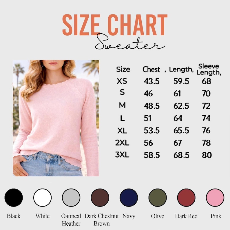 Peut inclure: Un pull rose &agrave; ourlet festonn&eacute; est pr&eacute;sent&eacute; &agrave; c&ocirc;t&eacute; d'un tableau des tailles. Le tableau indique les mesures de la poitrine, de la longueur et de la longueur des manches en cm pour les tailles XS &agrave; 3XL. Les couleurs disponibles incluent le noir, le blanc et le rose.