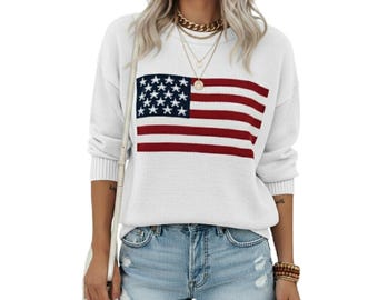 Women's USA Flag Knit Sweater: Long Sleeve Loose Pullover for Independence Day